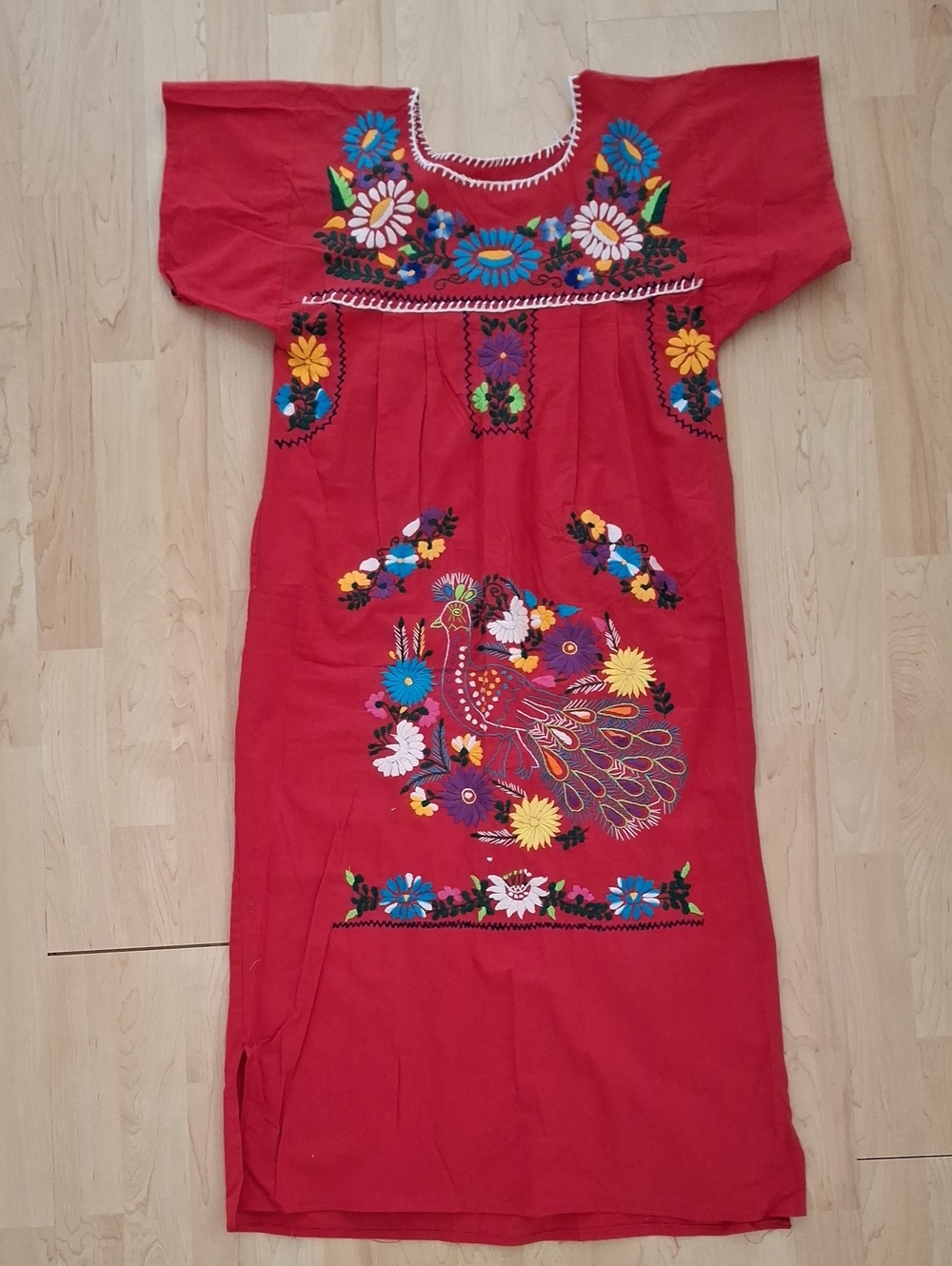 Vintage Hand Embroidered Womens Midi Dress Folk Peacock Floral Pattern Mexican